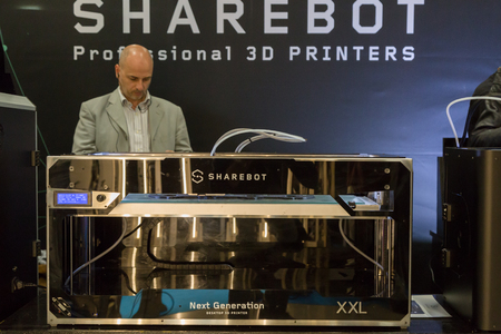 MILAN, ITALY - APRIL 21, 2017: 3d printer on display at Technology Hub, international event for innovative and futuristic technologies serving business.のeditorial素材