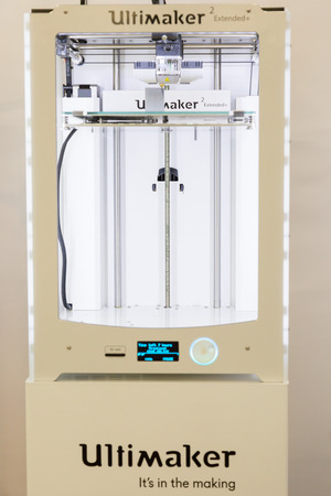 MILAN, ITALY - APRIL 21, 2017: 3d printer on display at Technology Hub, international event for innovative and futuristic technologies serving business.のeditorial素材