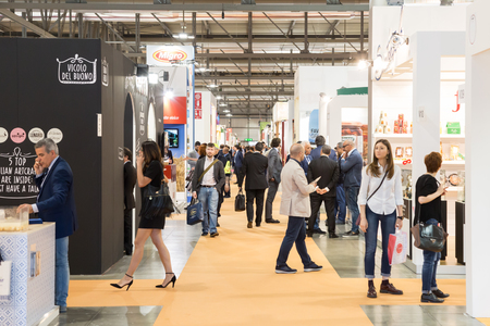 MILAN, ITALY - MAY 9: People visit Tuttofood, world food exhibition on MAY 9, 2017 in Milan.のeditorial素材