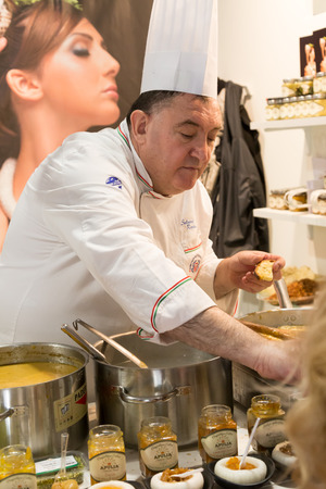 MILAN, ITALY - MAY 9: Cook works at Tuttofood, world food exhibition on MAY 9, 2017 in Milan.のeditorial素材