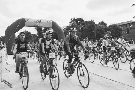 MILAN, ITALY - MAY 14: Thousands of people take part in the Cyclopride Day, event dedicated to bicycles and sustainable mobility on MAY 14, 2017 in Milan.のeditorial素材