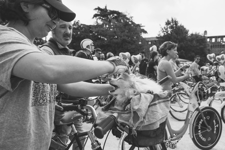 MILAN, ITALY - MAY 14: Thousands of people take part in the Cyclopride Day, event dedicated to bicycles and sustainable mobility on MAY 14, 2017 in Milan.のeditorial素材