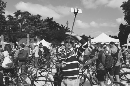 MILAN, ITALY - MAY 14: Thousands of people take part in the Cyclopride Day, event dedicated to bicycles and sustainable mobility on MAY 14, 2017 in Milan.のeditorial素材