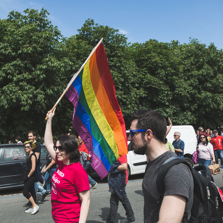 MILAN, ITALY - MAY 20, 2017: One hundred thousand people take part in a peaceful demonstration laying claim to rights and hospitality for immigrants and refugees.のeditorial素材