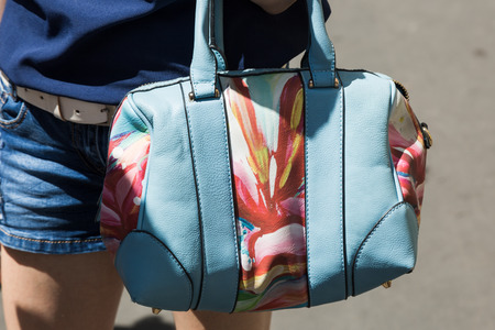 MILAN, ITALY - JUNE 18: Detail of bag outside Ferragamo fashion show during Milan Men's Fashion Week on JUNE 18, 2017 in Milan.のeditorial素材