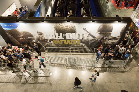 MILAN, ITALY - SEPTEMBER 29: Top view of people and booths at Games Week 2017, event dedicated to...