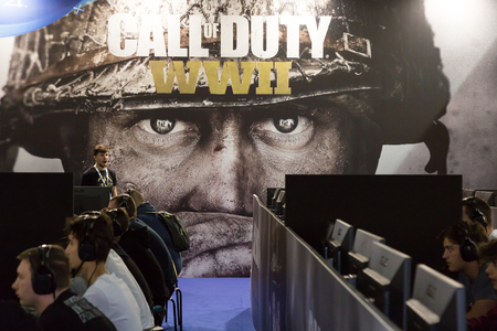 MILAN, ITALY - SEPTEMBER 29: People play at Games Week 2017, event dedicated to video games and electronic entertainment on SEPTEMBER 29, 2017 in Milan.のeditorial素材