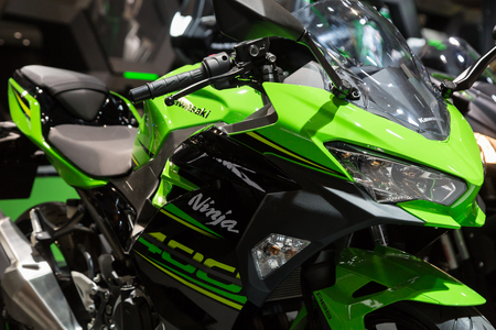 MILAN, ITALY - NOVEMBER 7: Detail of Kawasaki motorbike at EICMA, international motorcycle exhibition on NOVEMBER 7, 2017 in Milan.のeditorial素材