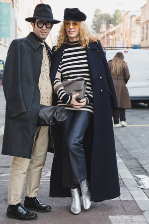 MILAN, ITALY - JANUARY 14: Fashionable people pose outside Federico Curradi fashion show during Milan Men's Fashion Week on JANUARY 14, 2018 in Milan.のeditorial素材