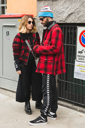 MILAN, ITALY - JANUARY 15: Fashionable people pose outside Armani fashion show during Milan Men's Fashion Week on JANUARY 15, 2018 in Milan.のeditorial素材