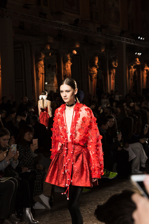 MILAN, ITALY - FEBRUARY 25: Gorgeous model walks the runway at Piccione.Piccione show during Milan Women's Fashion Week on FEBRUARY 25, 2018 in Milan.のeditorial素材