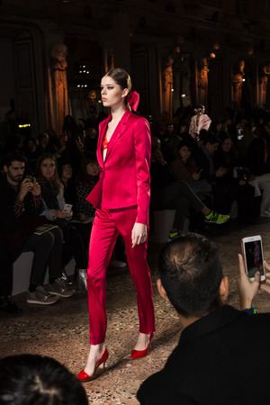 MILAN, ITALY - FEBRUARY 25: Gorgeous model walks the runway at Piccione.Piccione show during Milan Women's Fashion Week on FEBRUARY 25, 2018 in Milan.のeditorial素材