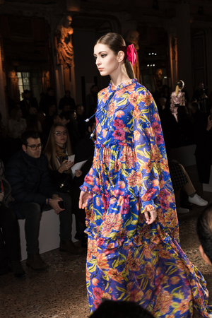 MILAN, ITALY - FEBRUARY 25: Gorgeous model walks the runway at Piccione.Piccione show during Milan Women's Fashion Week on FEBRUARY 25, 2018 in Milan.のeditorial素材