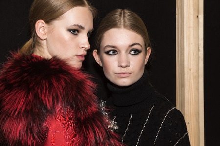 MILAN, ITALY - FEBRUARY 25: Gorgeous models pose in the backstage just before Piccione.Piccione show during Milan Women's Fashion Week on FEBRUARY 25, 2018 in Milan.のeditorial素材