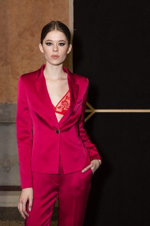 MILAN, ITALY - FEBRUARY 25: Gorgeous model poses in the backstage just before Piccione.Piccione show during Milan Women's Fashion Week on FEBRUARY 25, 2018 in Milan.のeditorial素材