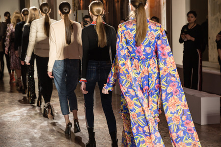MILAN, ITALY - FEBRUARY 25: Gorgeous models do rehearsal before Piccione.Piccione show during Milan Women's Fashion Week on FEBRUARY 25, 2018 in Milan.のeditorial素材