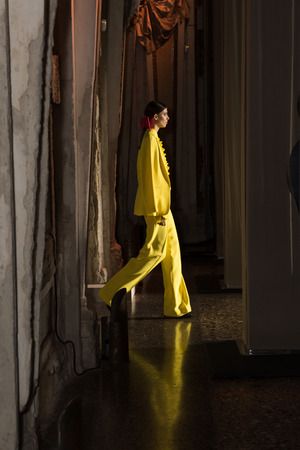 MILAN, ITALY - FEBRUARY 25: Gorgeous model walks the runway at Piccione.Piccione show during Milan Women's Fashion Week on FEBRUARY 25, 2018 in Milan.のeditorial素材