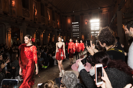MILAN, ITALY - FEBRUARY 25: Gorgeous models walk the runway at Piccione.Piccione show during Milan Women's Fashion Week on FEBRUARY 25, 2018 in Milan.のeditorial素材