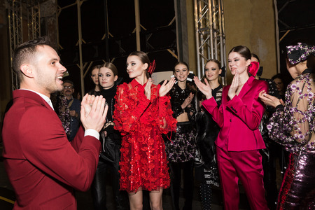MILAN, ITALY - FEBRUARY 25: Gorgeous models pose in the backstage just before Piccione.Piccione show during Milan Women's Fashion Week on FEBRUARY 25, 2018 in Milan.のeditorial素材