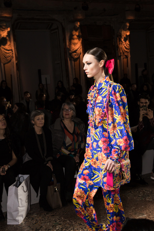 MILAN, ITALY - FEBRUARY 25: Gorgeous model walks the runway at Piccione.Piccione show during Milan Women's Fashion Week on FEBRUARY 25, 2018 in Milan.のeditorial素材