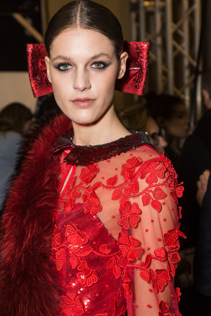 MILAN, ITALY - FEBRUARY 25: Gorgeous model poses in the backstage just before Piccione.Piccione show during Milan Women's Fashion Week on FEBRUARY 25, 2018 in Milan.のeditorial素材