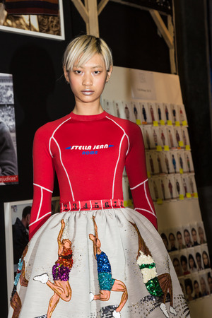 MILAN, ITALY - FEBRUARY 25: Gorgeous model poses in the backstage just before Stella Jean show during Milan Women's Fashion Week on FEBRUARY 25, 2018 in Milan.のeditorial素材