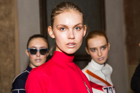MILAN, ITALY - FEBRUARY 25: Gorgeous models pose in the backstage just before Stella Jean show during Milan Women's Fashion Week on FEBRUARY 25, 2018 in Milan.のeditorial素材
