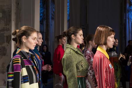 MILAN, ITALY - FEBRUARY 25: Gorgeous models walk the runway at Stella Jean show during Milan Women's Fashion Week on FEBRUARY 25, 2018 in Milan.のeditorial素材