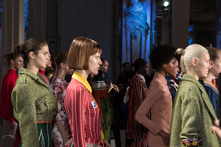 MILAN, ITALY - FEBRUARY 25: Gorgeous models walk the runway at Stella Jean show during Milan Women's Fashion Week on FEBRUARY 25, 2018 in Milan.のeditorial素材