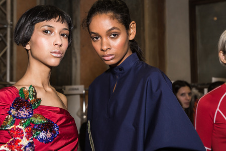 MILAN, ITALY - FEBRUARY 25: Gorgeous models pose in the backstage just before Stella Jean show during Milan Women's Fashion Week on FEBRUARY 25, 2018 in Milan.のeditorial素材
