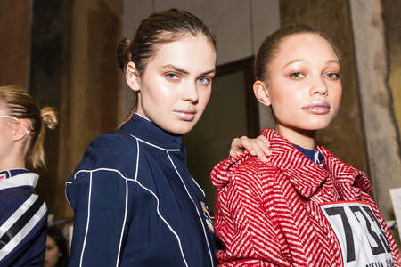 MILAN, ITALY - FEBRUARY 25: Gorgeous models pose in the backstage just before Stella Jean show during Milan Women's Fashion Week on FEBRUARY 25, 2018 in Milan.のeditorial素材