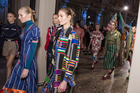 MILAN, ITALY - FEBRUARY 25: Gorgeous models walk the runway at Stella Jean show during Milan Women's Fashion Week on FEBRUARY 25, 2018 in Milan.のeditorial素材