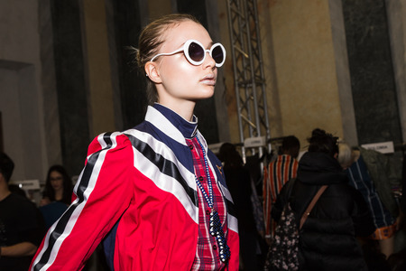 MILAN, ITALY - FEBRUARY 25: Gorgeous model poses in the backstage just before Stella Jean show during Milan Women's Fashion Week on FEBRUARY 25, 2018 in Milan.のeditorial素材