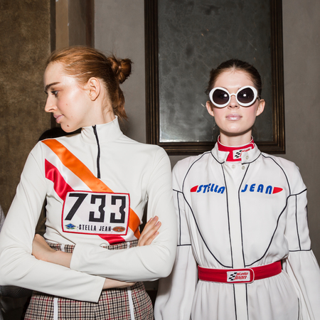 MILAN, ITALY - FEBRUARY 25: Gorgeous models pose in the backstage just before Stella Jean show during Milan Women's Fashion Week on FEBRUARY 25, 2018 in Milan.のeditorial素材