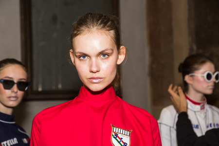 MILAN, ITALY - FEBRUARY 25: Gorgeous model poses in the backstage just before Stella Jean show during Milan Women's Fashion Week on FEBRUARY 25, 2018 in Milan.のeditorial素材