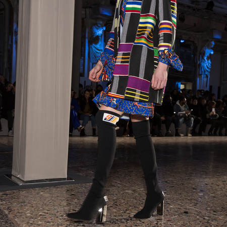 MILAN, ITALY - FEBRUARY 25: Detail of a gorgeous model walking the runway at Stella Jean show during Milan Women's Fashion Week on FEBRUARY 25, 2018 in Milan.のeditorial素材