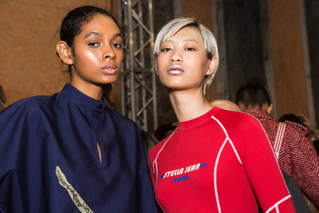 MILAN, ITALY - FEBRUARY 25: Gorgeous models pose in the backstage just before Stella Jean show during Milan Women's Fashion Week on FEBRUARY 25, 2018 in Milan.のeditorial素材