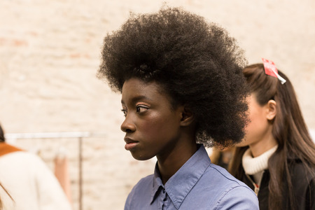 MILAN, ITALY - FEBRUARY 25: Gorgeous model poses in the backstage just before Au Jour le Jour show during Milan Women's Fashion Week on FEBRUARY 25, 2018 in Milan.のeditorial素材
