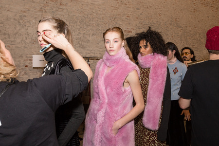 MILAN, ITALY - FEBRUARY 25: Gorgeous models pose in the backstage just before Au Jour le Jour show during Milan Women's Fashion Week on FEBRUARY 25, 2018 in Milan.のeditorial素材