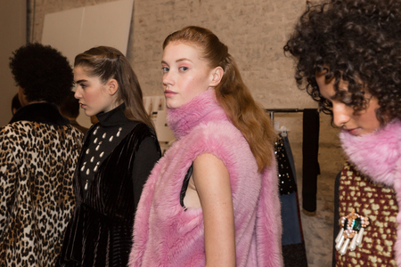 MILAN, ITALY - FEBRUARY 25: Gorgeous models pose in the backstage just before Au Jour le Jour show during Milan Women's Fashion Week on FEBRUARY 25, 2018 in Milan.のeditorial素材