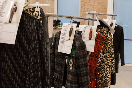 MILAN, ITALY - FEBRUARY 25: Clothes rack in the backstage just before Au Jour le Jour show during Milan Women's Fashion Week on FEBRUARY 25, 2018 in Milan.のeditorial素材