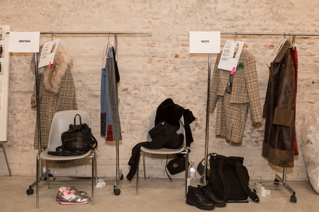 MILAN, ITALY - FEBRUARY 25: Clothes rack in the backstage just before Au Jour le Jour show during Milan Women's Fashion Week on FEBRUARY 25, 2018 in Milan.のeditorial素材
