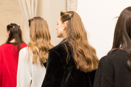 MILAN, ITALY - FEBRUARY 25: Gorgeous models pose in the backstage just before Au Jour le Jour show during Milan Women's Fashion Week on FEBRUARY 25, 2018 in Milan.のeditorial素材