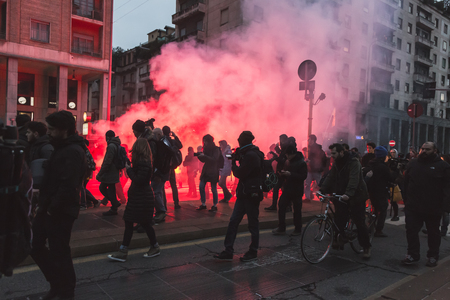MILAN, ITALY - FEBRUARY 24: Thousands of anti-fascist activists march in the city streets to protest agaist the extreme right FEBRUARY 24, 2018 in Milan.のeditorial素材