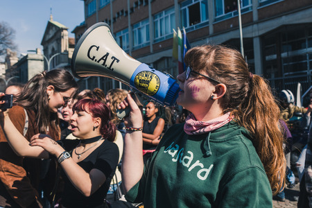 MILAN, ITALY - MARCH 8: Secondary school students take part in a march to celebrate the International Wome's Day on MARCH 8, 2018 in Milan.のeditorial素材