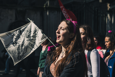MILAN, ITALY - MARCH 8: Secondary school students take part in a march to celebrate the International Wome's Day on MARCH 8, 2018 in Milan.のeditorial素材