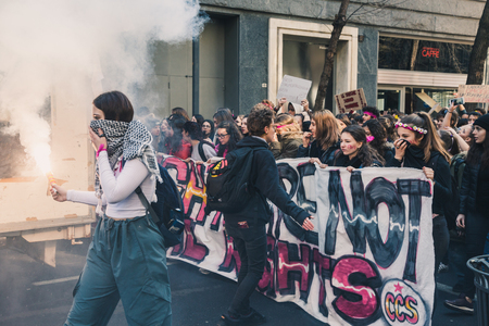 MILAN, ITALY - MARCH 8: Secondary school students take part in a march to celebrate the International Wome's Day on MARCH 8, 2018 in Milan.のeditorial素材