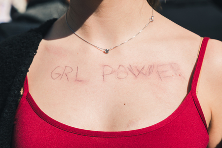 MILAN, ITALY - MARCH 8: Detail of a girl taking part in a march to celebrate the International Wome's Day on MARCH 8, 2018 in Milan.のeditorial素材