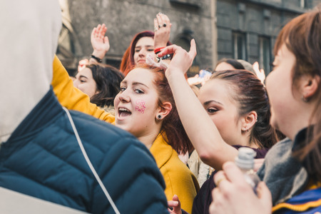 MILAN, ITALY - MARCH 8: Secondary school students take part in a march to celebrate the International Wome's Day on MARCH 8, 2018 in Milan.のeditorial素材