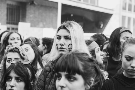 MILAN, ITALY - MARCH 8: Secondary school students take part in a march to celebrate the International Wome's Day on MARCH 8, 2018 in Milan.のeditorial素材